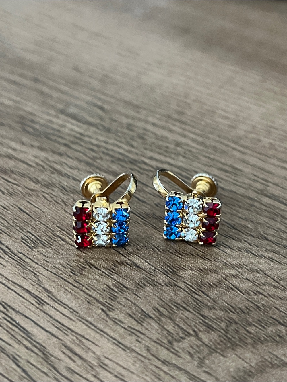 Gold-Tone Red, White & Blue Crystal Square Vintage Clasp Earrings
